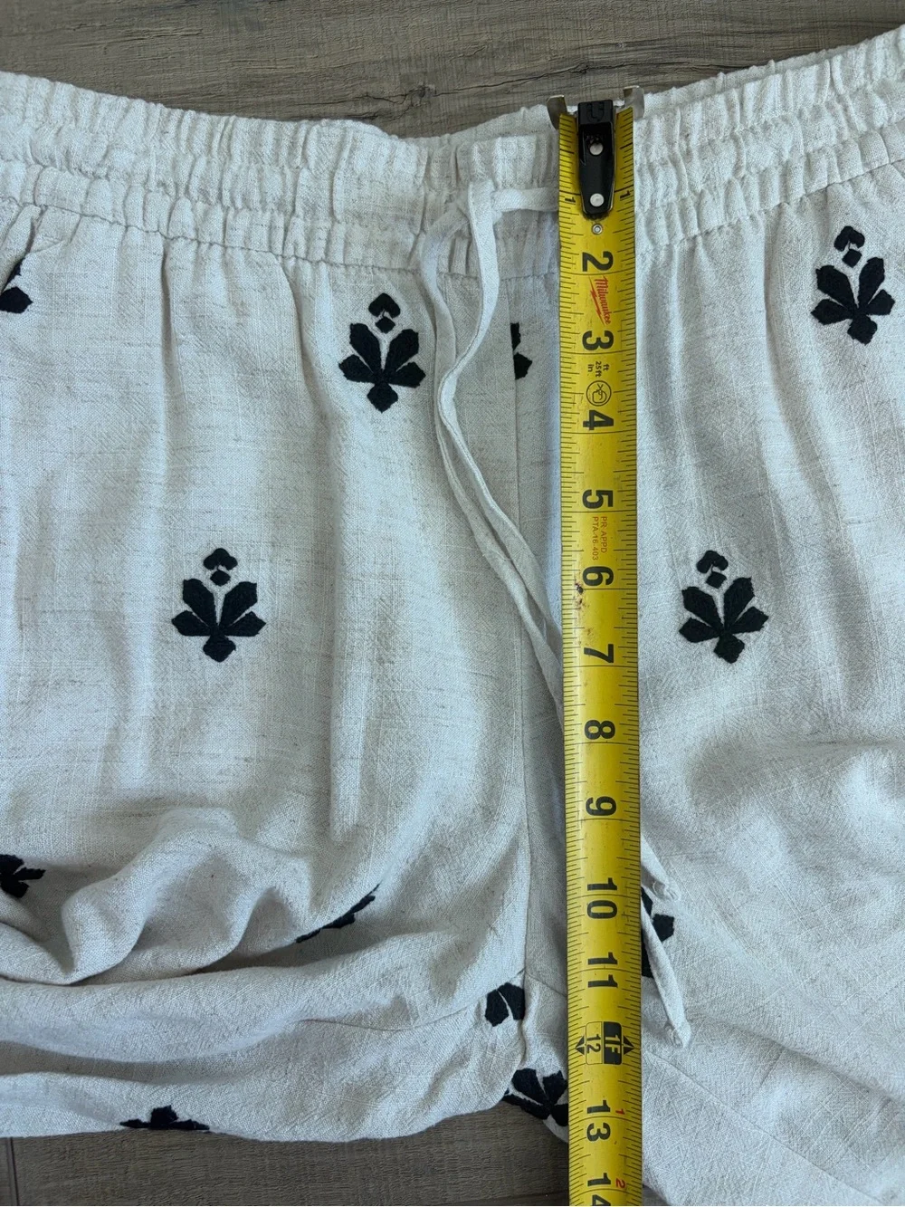 Zara Off White Black Linen Blend Geometric Boho French Countryside Casual Pants